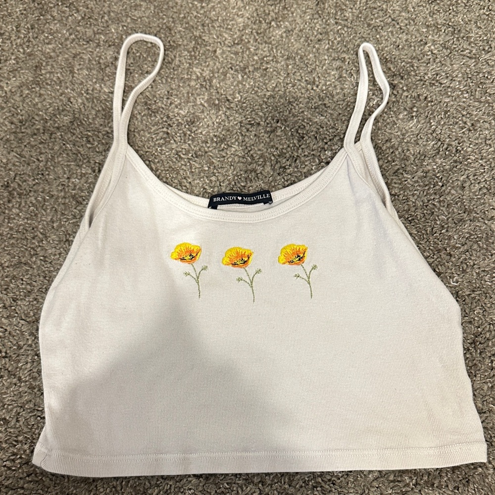 Brandy Melville White Camisole with Yellow Floral Embroidery
